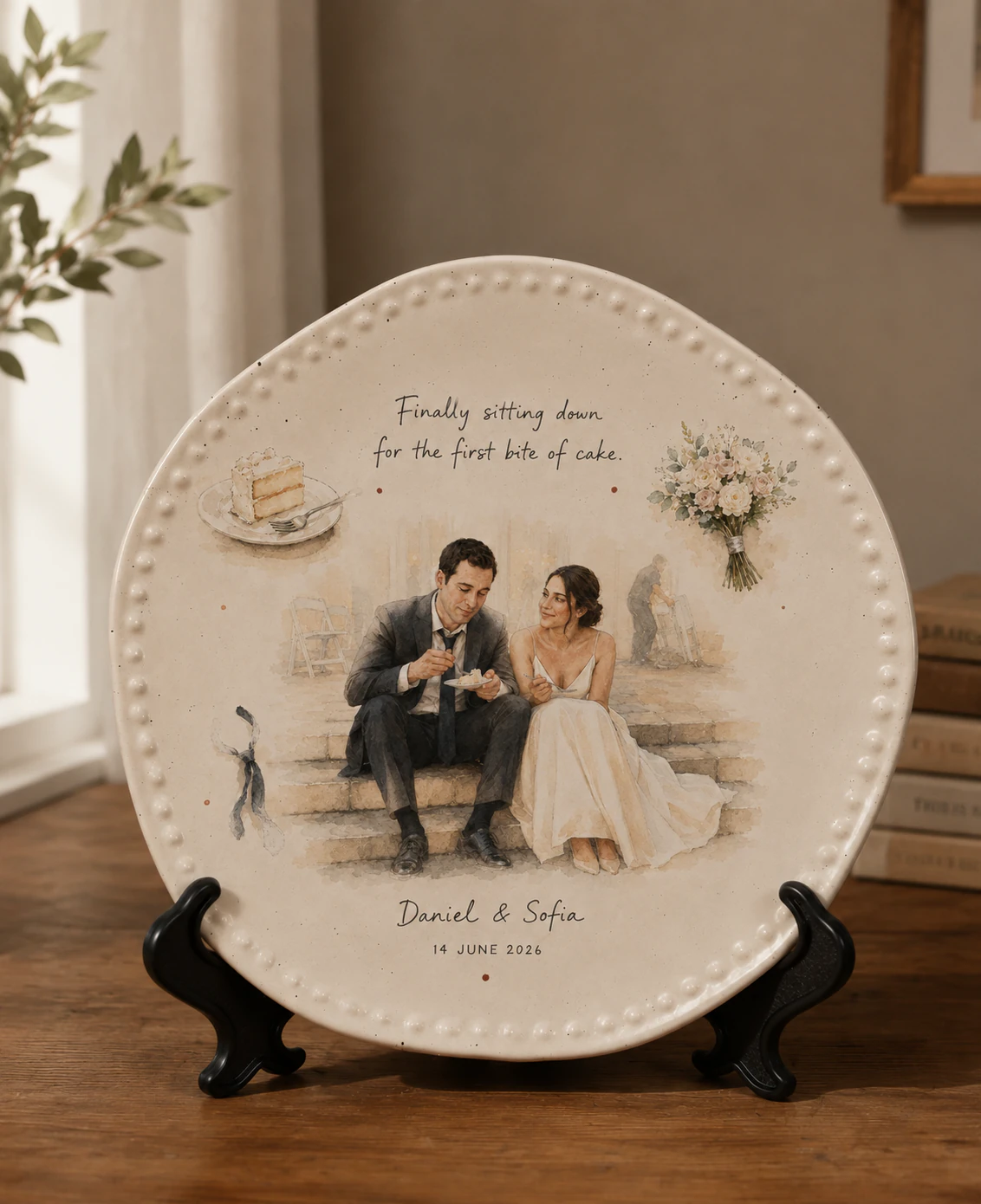 Approved presentation mockup showing Daniel and Sofia's wedding story plate on a tabletop stand.
