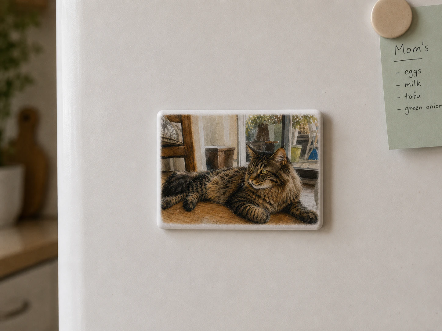 Milo's watercolor memory artwork shown in a quiet kitchen setting.
