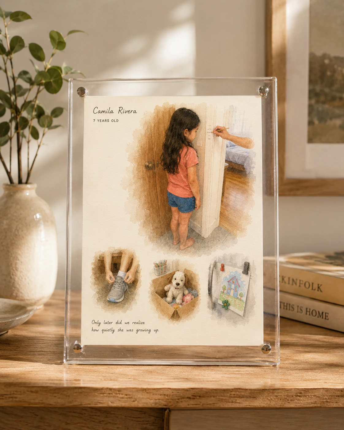 Original approved clear acrylic presentation of Camila Rivera's Growing Years artwork in warm home light.