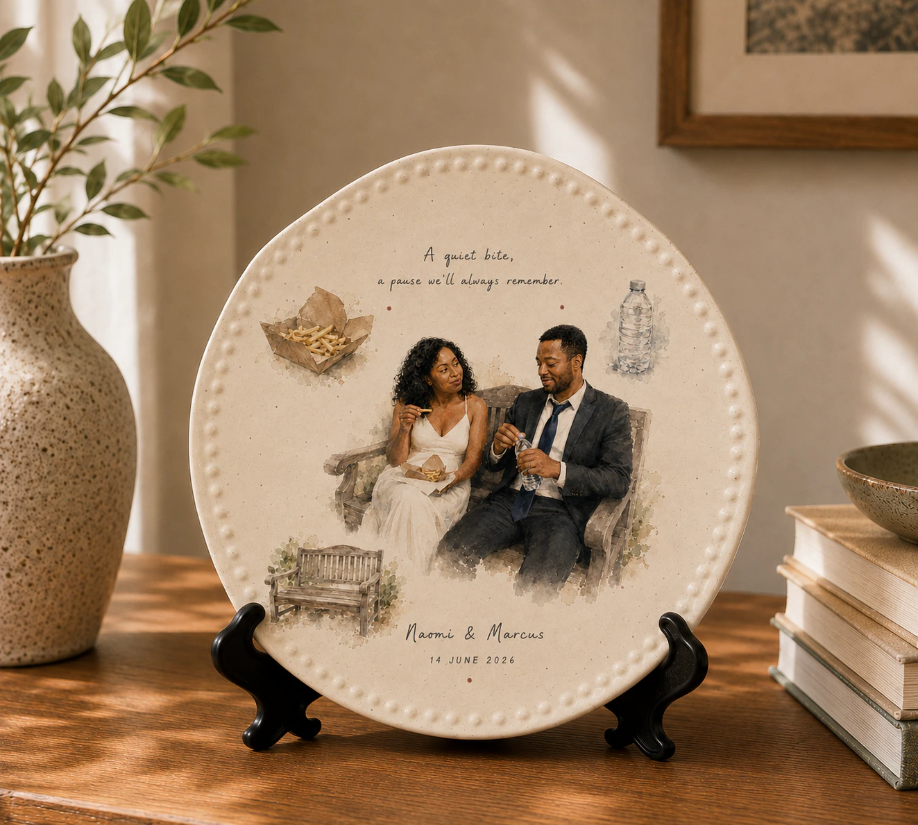 Original approved warm ivory ceramic presentation of Naomi and Marcus's wedding story artwork.