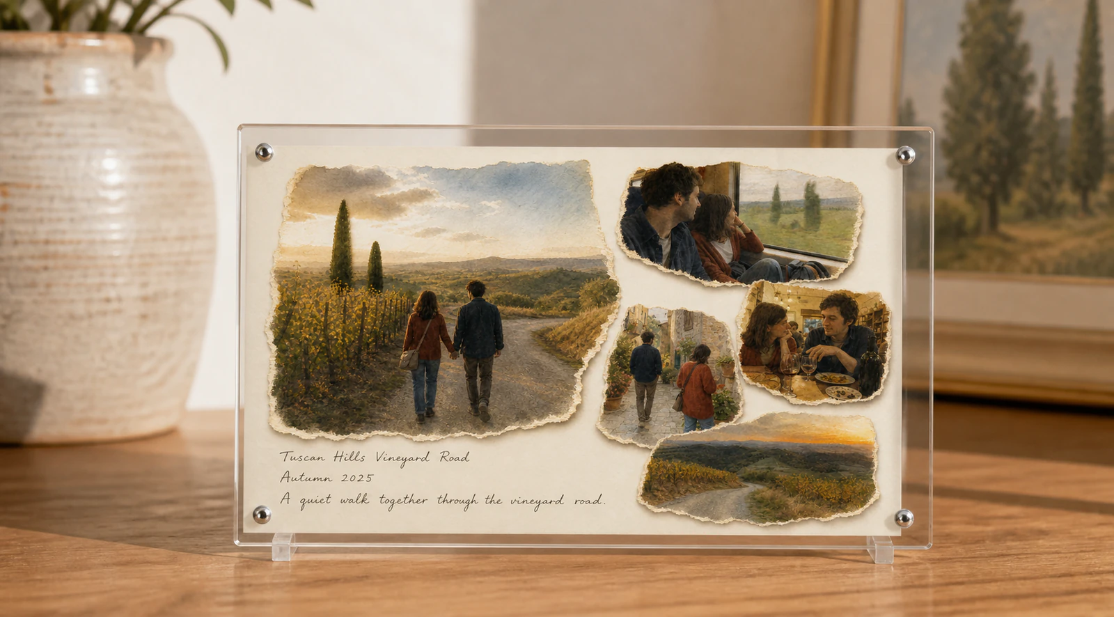Clear acrylic display showing the Tuscan Hills memory artwork on a wooden table.
