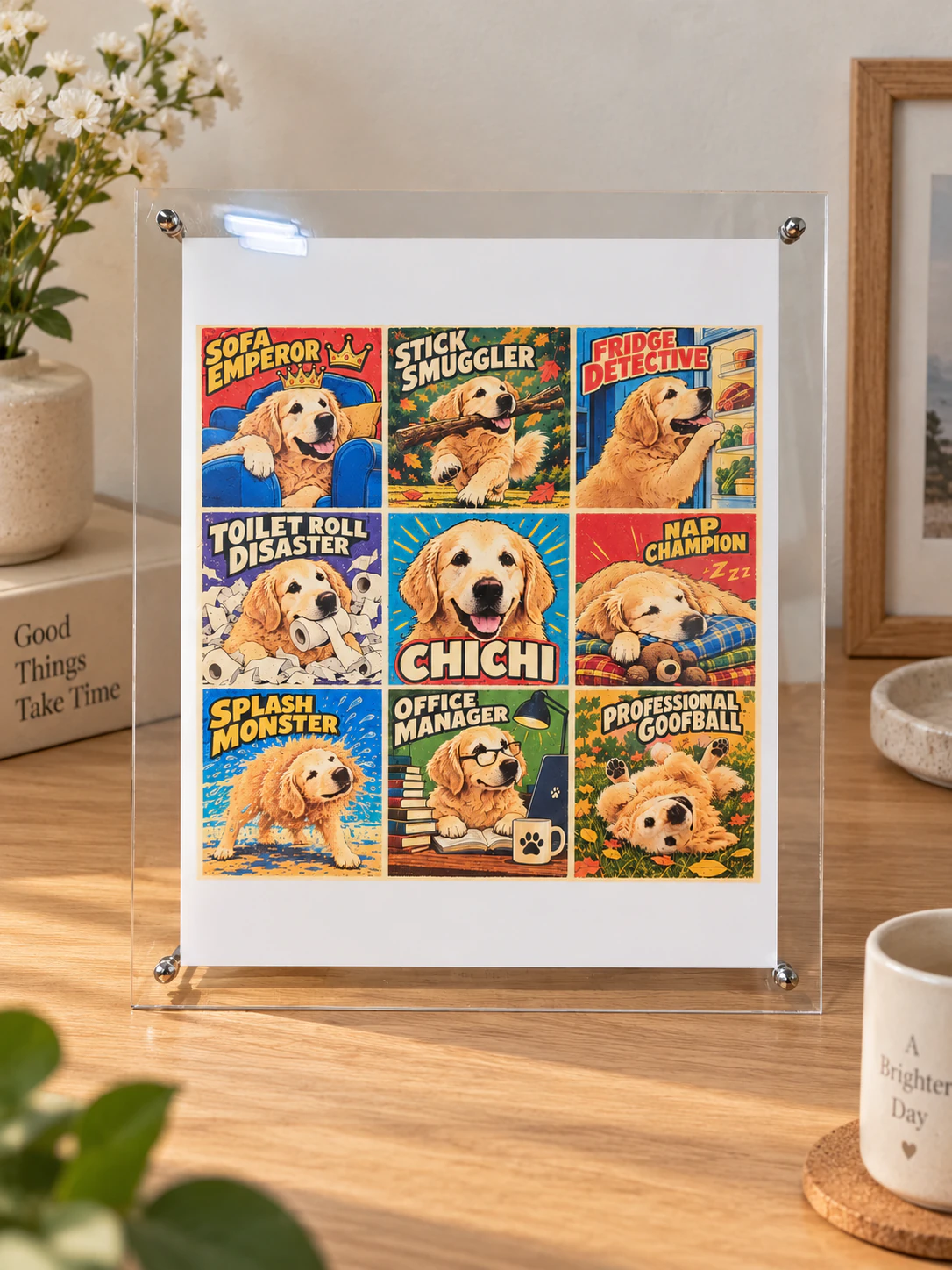 Pet Persona Pop custom pet artwork displayed in a clear acrylic display.
